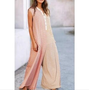 Bucket List Striped Wide Leg Jumpsuit in Coral/ Tan Size Large